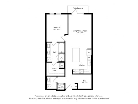 Floor plan for 1 bed, 1 bath, 938 sqft